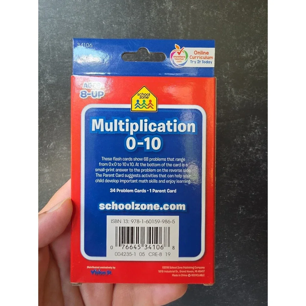 School Zone Multiplication 0-10 Flash Cards Grade 3-4; 34 Problem Card+1 Parent